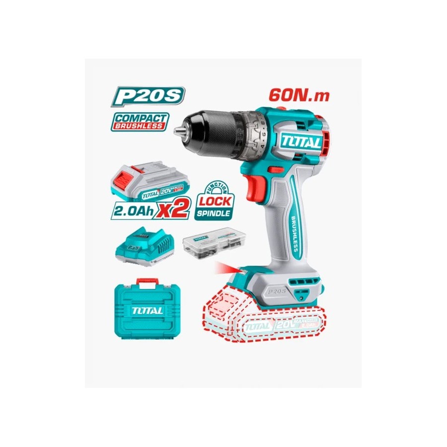 TALADRO PERC INAL TOTAL 20V BL 1/2 UTIDLI20602/20668 2BAT C/EST 