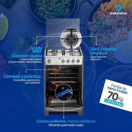 COCINA GAS INDURAMA 24" CORUÑA FUNDI INOX