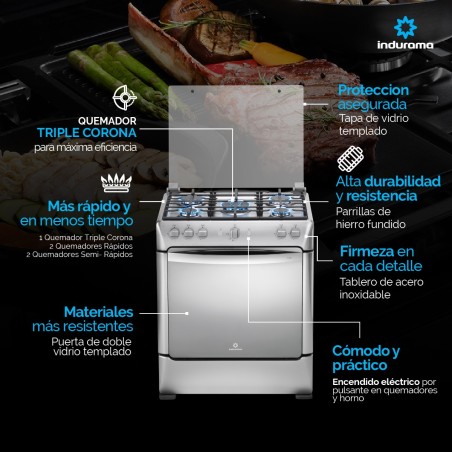 COCINA GAS INDURAMA 30" TURIN LUJO INOX 5Q DORADOR/GAS