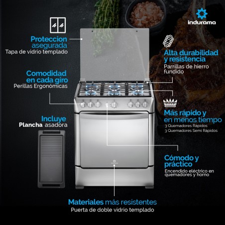 COCINA GAS INDURAMA  30" NAPOLI 6Q SILVER FUNDI ENC/AUTO