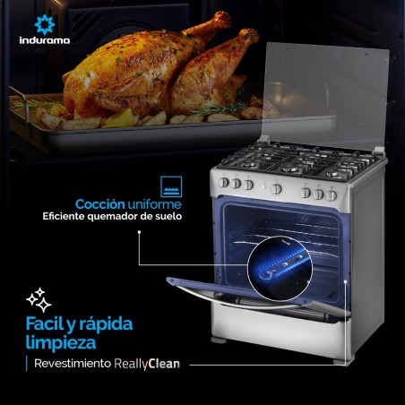 COCINA GAS INDURAMA  30" NAPOLI 6Q SILVER FUNDI ENC/AUTO